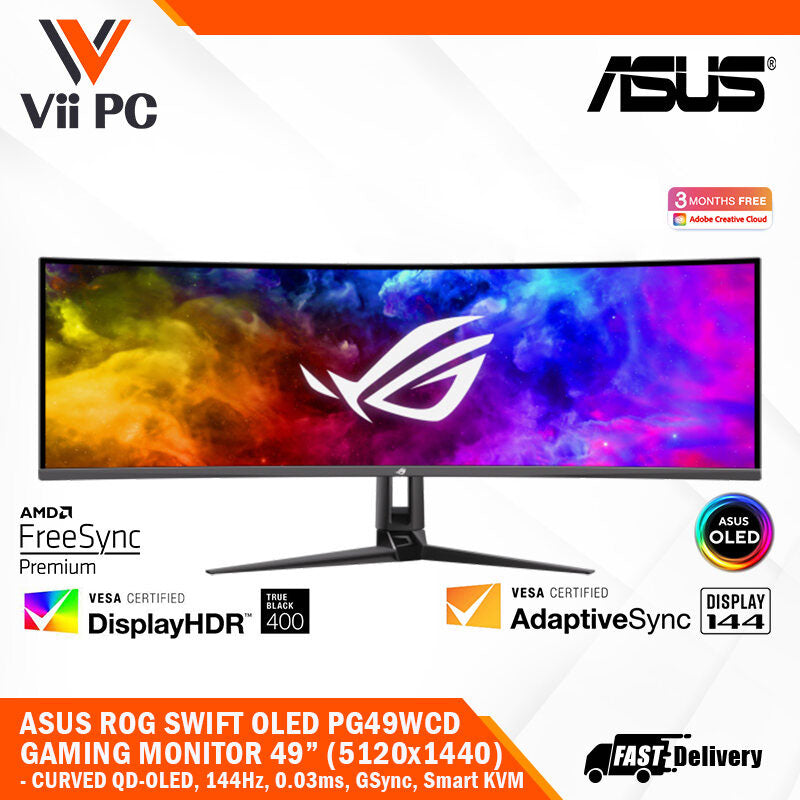 ASUS ROG Swift OLED PG49WCD Gaming Monitor - 49" (5120x1440) curved QD-OLED panel, 144 Hz, 0.03 ms, G-SYNC® compatible, custom heatsink, uniform brightness, ROG Smart KVM, 90W Type-C, ASUS DisplayWidget Center