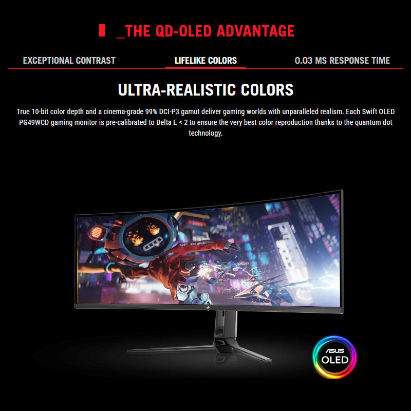 ASUS ROG Swift OLED PG49WCD Gaming Monitor - 49" (5120x1440) curved QD-OLED panel, 144 Hz, 0.03 ms, G-SYNC® compatible, custom heatsink, uniform brightness, ROG Smart KVM, 90W Type-C, ASUS DisplayWidget Center