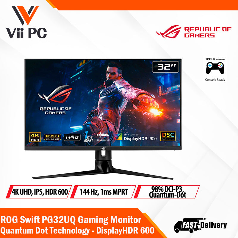 ASUS ROG Swift PG32UQ HDMI 2.1 Gaming Monitor - 32”, 4K UHD (3840 x 2160), IPS, 144 Hz, 1 ms MPRT, NVIDIA G-SYNC compatible, DSC, ELMB Sync, Variable Overdrive, DisplayHDR 600, Quantum-Dot technology, DisplayPort 1.4