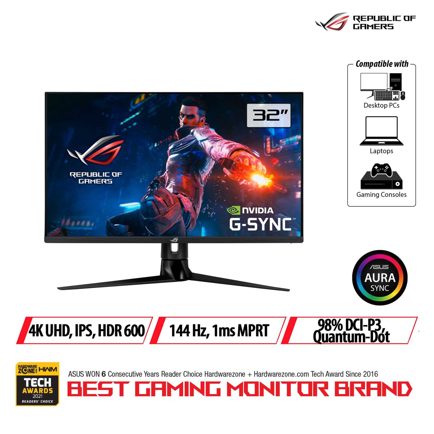 ASUS ROG Swift PG32UQ HDMI 2.1 Gaming Monitor - 32”, 4K UHD (3840 x 2160), IPS, 144 Hz, 1 ms MPRT, NVIDIA G-SYNC compatible, DSC, ELMB Sync, Variable Overdrive, DisplayHDR 600, Quantum-Dot technology, DisplayPort 1.4