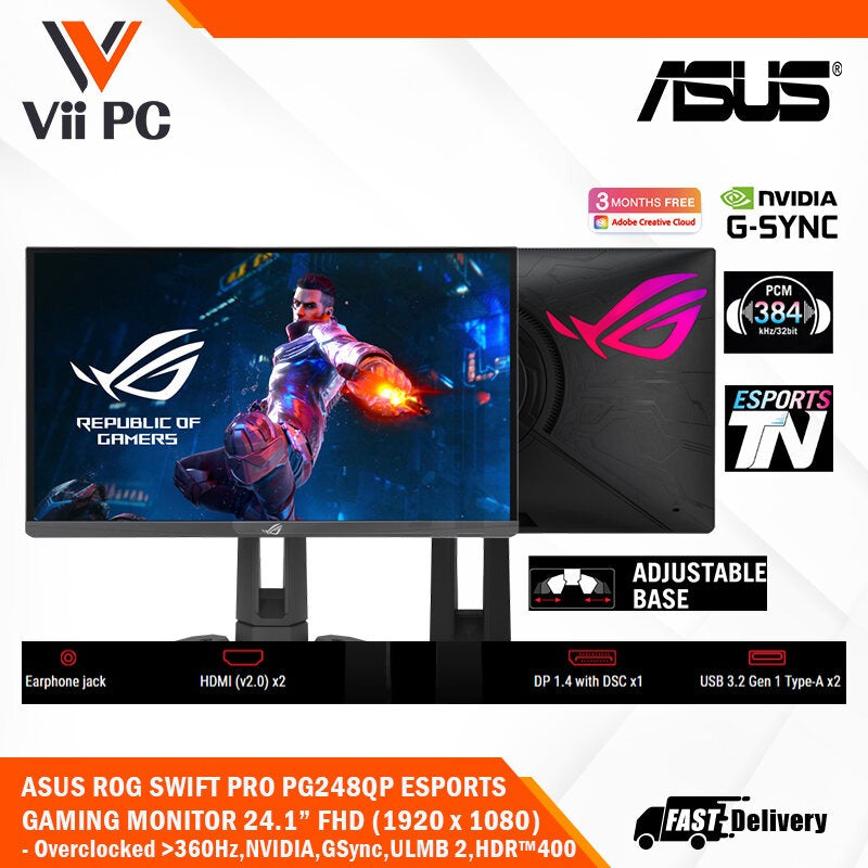 ASUS ROG Swift Pro PG248QP 24.1" FHD(1920 x 1080) NVIDIA® G-SYNC® ESports Gaming Monitor 540 Hz overclocked (above 360Hz), Esports-TN panel, NVIDIA® Reflex Analyzer, ULMB 2, adjustable base, ESS codec, DisplayHDR™ 400