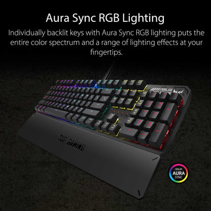 ASUS TUF Gaming K3 RGB mechanical keyboard with N-key rollover, combination media keys, USB 2.0 passthrough, aluminum-alloy top cover, wrist rest, eight programmable macro keys and Aura Sync lighting