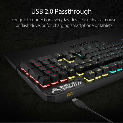 ASUS TUF Gaming K3 RGB mechanical keyboard with N-key rollover, combination media keys, USB 2.0 passthrough, aluminum-alloy top cover, wrist rest, eight programmable macro keys and Aura Sync lighting