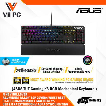 ASUS TUF Gaming K3 RGB mechanical keyboard with N-key rollover, combination media keys, USB 2.0 passthrough, aluminum-alloy top cover, wrist rest, eight programmable macro keys and Aura Sync lighting