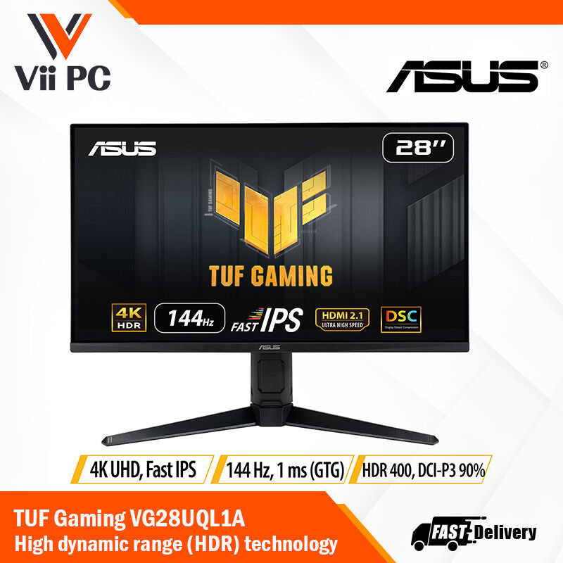 ASUS TUF Gaming VG28UQL1A HDMI 2.1 Gaming Monitor - 28" 4K UHD (3840x2160), Fast IPS, 144 Hz, 1ms GTG, NVIDIA G-Sync compatible, AMD FreeSync™ Premium, DSC, ELMB Sync, Variable Overdrive, DisplayHDR™ 400, DCI-P3 90%