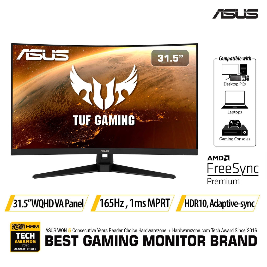 ASUS TUF Gaming VG32VQ1B Curved Gaming Monitor 31.5 inch WQHD (2560x1440), 165Hz(Above 144Hz), Extreme Low Motion Blur, Adaptive-sync, FreeSync Premium, 1ms (MPRT), HDR10