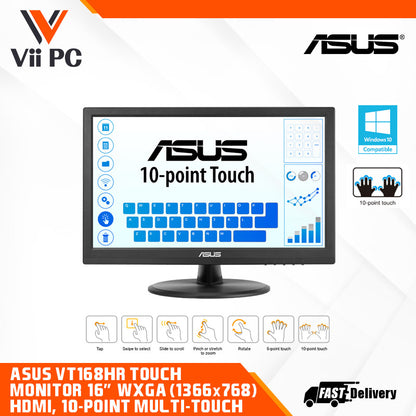 ASUS VT168HR Touch Monitor - 16" (15.6" viewable) WXGA (1366x768), 10-point Touch, HDMI, Flicker free, Low Blue Light, Wall-mountable, Eye care