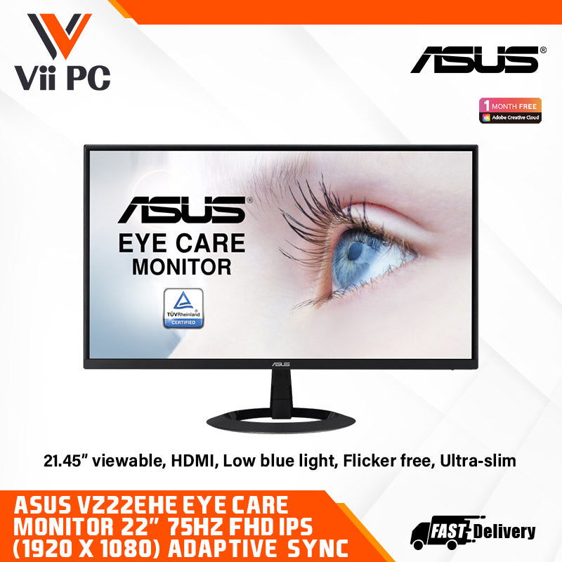 ASUS VZ22EHE Eye Care Monitor – 22" FHD (1920x1080) IPS, 75Hz, Adaptive-Sync, HDMI, Low blue light, Flicker free, Ultra-slim