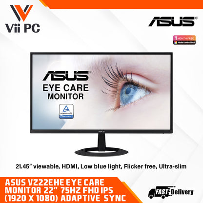 ASUS VZ22EHE Eye Care Monitor – 22" FHD (1920x1080) IPS, 75Hz, Adaptive-Sync, HDMI, Low blue light, Flicker free, Ultra-slim