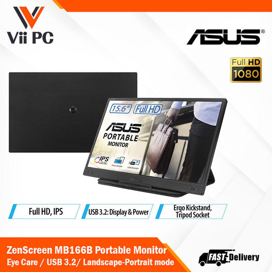 ASUS ZenScreen MB166B Portable USB Monitor- 16" (15.6" viewable) FHD, IPS, USB 3.2, Eye Care monitor, Anti-glare surface, ZenScreen sleeve