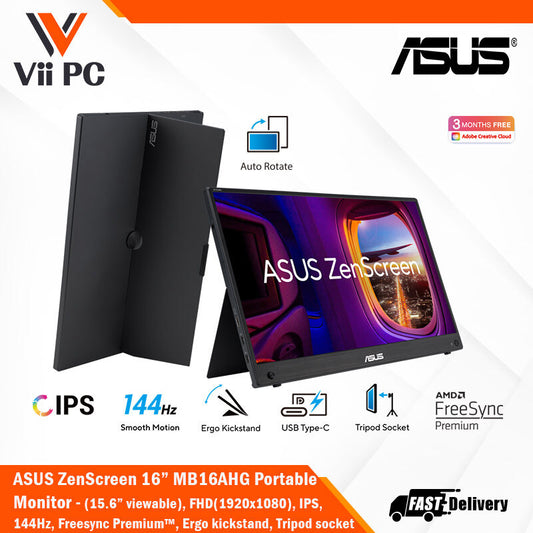 ASUS ZenScreen MB16AHG portable monitor - 16" (15.6" viewable) FHD (1920x1080), IPS, 144Hz, USB-C, Mini-HDMI, Freesync Premium™, Ergo kickstand, Tripod socket, Flicker Free, Low Blue Light