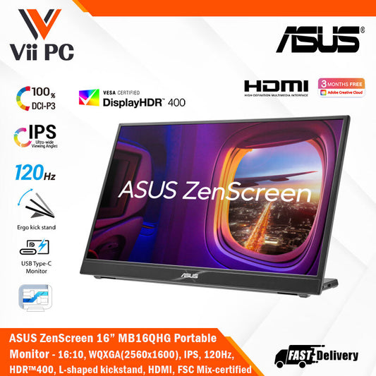 ASUS ZenScreen MB16QHG Portable Monitor - 16" 16:10 WQXGA (2560x1600) IPS, 120Hz refresh rate, DisplayHDR™ 400, 100% DCI-P3, L-shaped kickstand, tripod, USB Type-C®, HDMI®, Flicker Free, Low Blue Light, ZenScreen sleeve