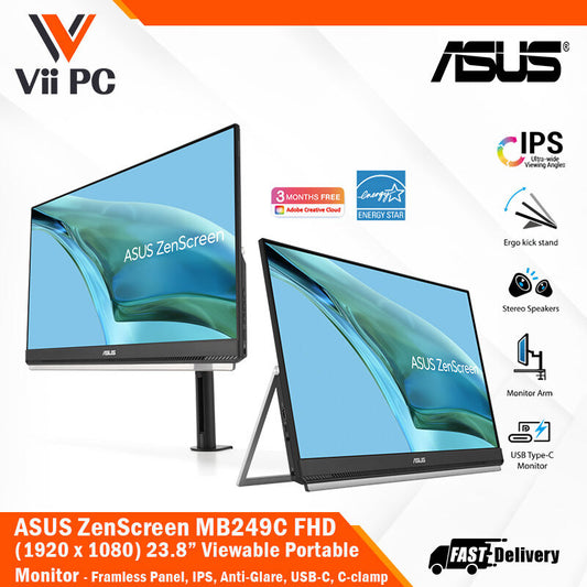 ASUS ZenScreen MB249C Portable Monitor - 24" (23.8 viewable) FHD (1920x1080), Frameless panel, IPS, Anti-glare, USB-C®, Speakers, Carrying handle/kickstand design, C-clamp, Partition hook