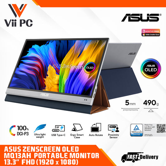 ASUS ZenScreen OLED MQ13AH Portable Monitor - 13.3" FHD (1920x1080), 100% DCI-P3, 1 ms Response Time, Delta E<2, HDR-10, USB Type-C, Mini HDMI , Proximity Sensor, Smart Case, Flicker Free, Low Blue Light