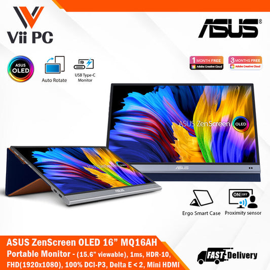 ASUS ZenScreen OLED MQ16AH Portable Monitor - 16" FHD (1920x1080), 100% DCI-P3, 1 ms Response Time, Delta E<2, HDR-10, USB Type-C, Mini HDMI , Proximity Sensor, Smart Case, Flicker Free, Low Blue Light