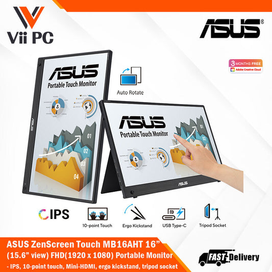 ASUS ZenScreen Touch MB16AHT Portable Monitor - 16" FHD (1920x1080), IPS, 10-point touch, Mini-HDMI, ergo kickstand, tripod socket, ASUS Flicker Free and Low Blue Light