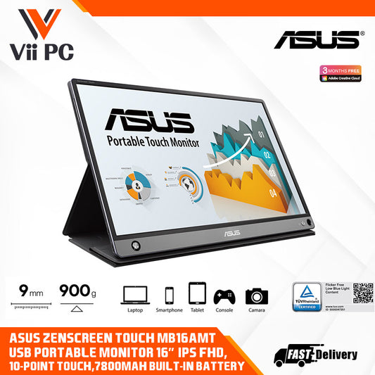 ASUS ZenScreen Touch MB16AMT USB portable monitor - 16" (15.6" viewable) IPS FHD, 10-point Touch, ZenScreen pen, Built-in Battery, Hybrid Signal Solution, USB Type-C, Micro-HDMI, Compatible with Laptops, Smartphones, Gaming Consoles, and Cameras