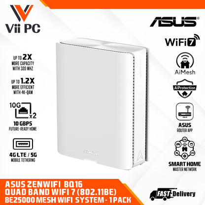 ASUS ZenWifi BQ16 Quad Band WiFi 7 (802.11be) BE25000 Mesh WiFi System - Support new 320MHz bandwidth & 4096-QAM, Multi-link operation (MLO),dual 10G ports, backup WAN, subscription free network security and AiMesh support