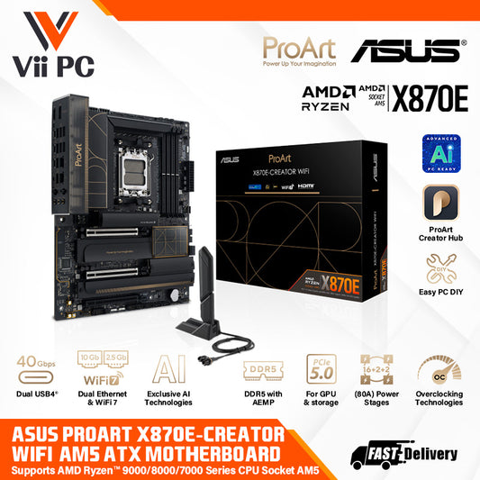 ASUS Proart X870E-Creator WIFI - AMD Socket AM5 for Ryzen™ 9000 & 8000 & 7000 Series Desktop CPU / 4 x DIMM slots, max. 192GB, DDR5 / 1 x Marvell® AQtion 10Gb / WIFI7 ATX Motherboard