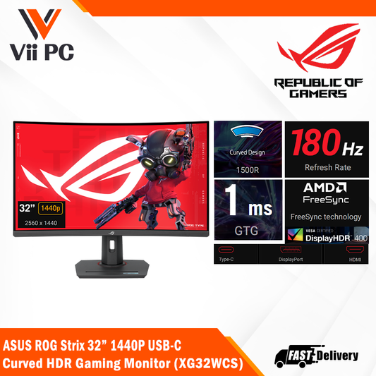 ASUS ROG Strix XG32WCS USB Type-C Gaming Monitor - 32" (31.5 viewable) 2560x1440, Curved, 180Hz (Above 144Hz), 1ms (GTG), Fast VA, Extreme Low Motion Blur Sync, USB Type-C, FreeSync, DisplayWidget Center, tripod socket, HDR