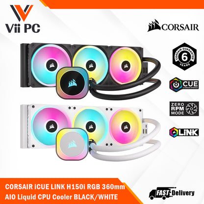 CORSAIR iCUE LINK H150i RGB BLACK/WHITE Liquid CPU Cooler - QX120 RGB Fans, 360mm Radiator