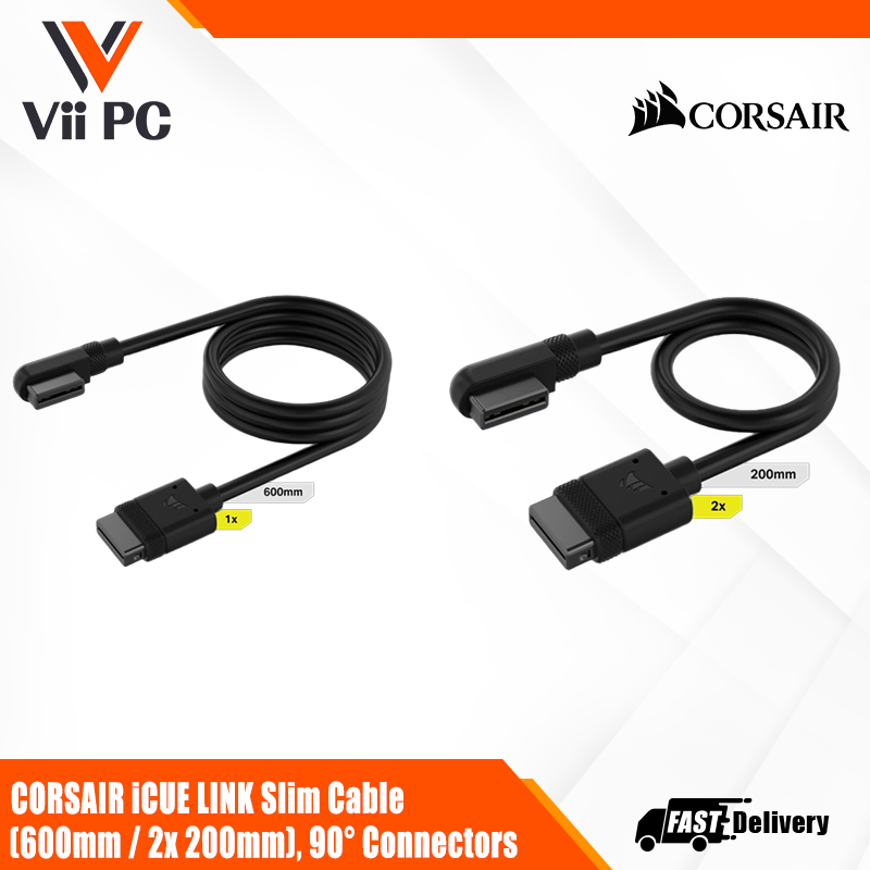 CORSAIR iCUE LINK Slim Cable (600mm / 2x 200mm), 90° Connectors - Black