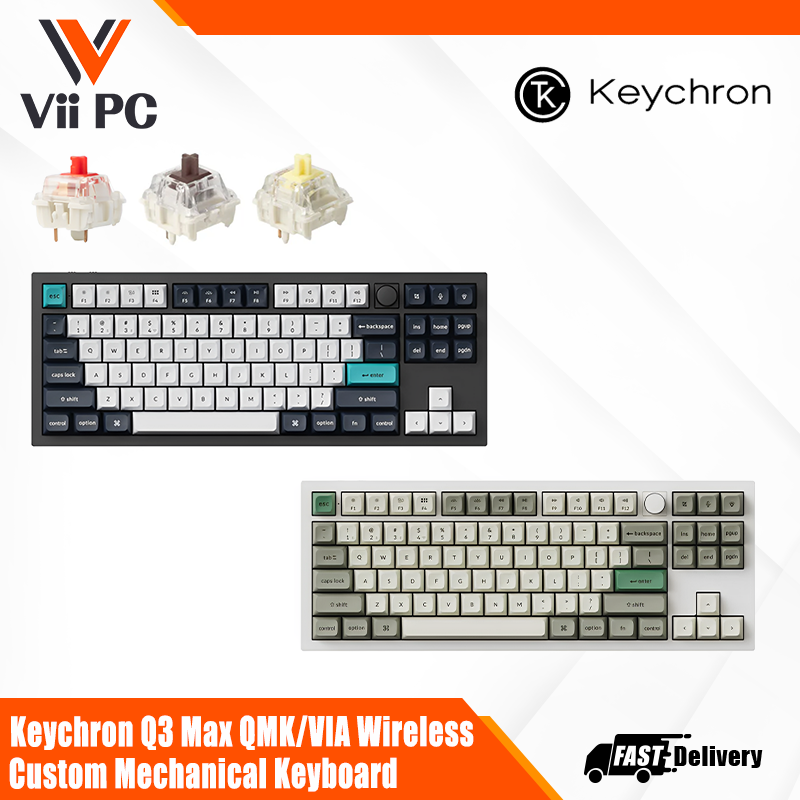 Keychron Q3 Max QMK/VIA Wireless Custom Mechanical Keyboard - (Carbon Black/Shell White), Switch (Red/Brown/Banana)