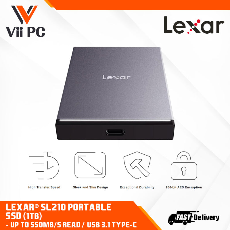 Lexar® SL210 Portable SSD (500GB, 1TB) - Up to 550MB/s read, High Transfer Speed, Sleek and Slim Design, Exceptional Durability, 256-bit AES Encryption