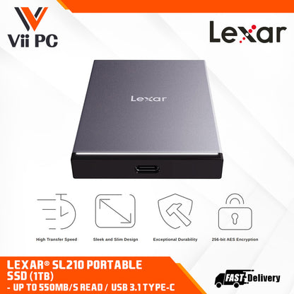 Lexar® SL210 Portable SSD (500GB, 1TB) - Up to 550MB/s read, High Transfer Speed, Sleek and Slim Design, Exceptional Durability, 256-bit AES Encryption