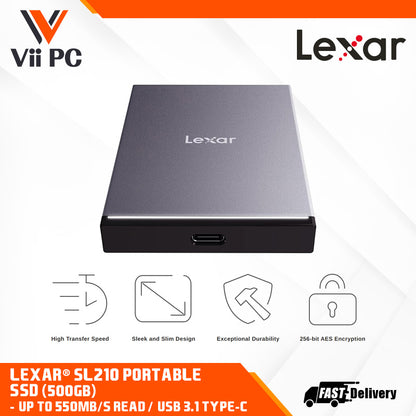 Lexar® SL210 Portable SSD (500GB, 1TB) - Up to 550MB/s read, High Transfer Speed, Sleek and Slim Design, Exceptional Durability, 256-bit AES Encryption