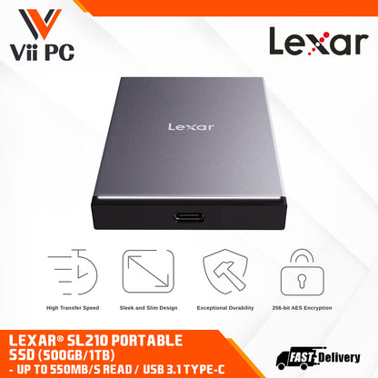 Lexar® SL210 Portable SSD (500GB, 1TB) - Up to 550MB/s read, High Transfer Speed, Sleek and Slim Design, Exceptional Durability, 256-bit AES Encryption