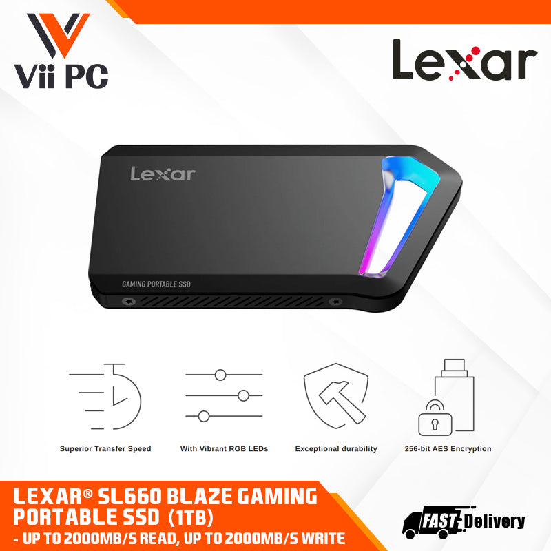 Lexar® SL660 BLAZE Gaming Portable SSD (512GB / 1TB) - Up to 2000MB/s read, up to 2000MB/s write, Superior Transfer Speed, Vibrant RGB LEDs, Exceptional durability,  256-bit AES Encryption