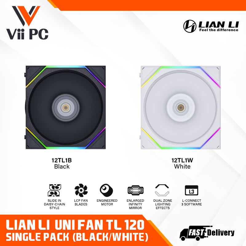 LIAN LI UNI FAN TL120 RGB Single Pack BLACK/WHITE Cooler - 3 Yrs Wty