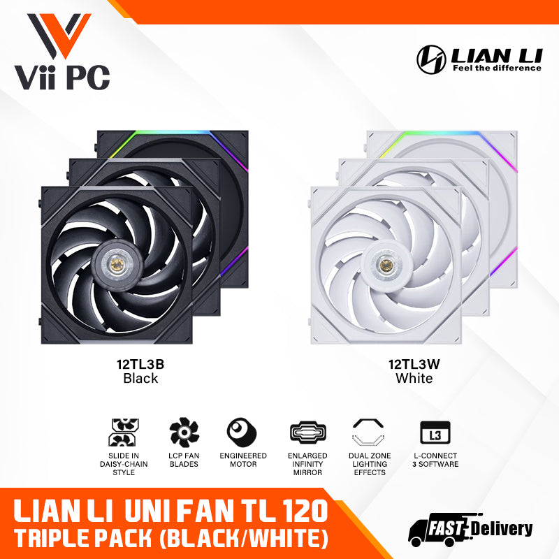 LIAN LI UNI FAN TL120 RGB Triple Pack BLACK Cooler/WHITE Cooler with CONTROLLER - 3 Yrs Wty