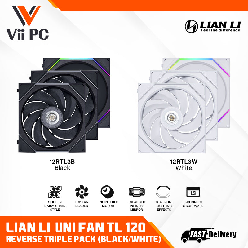 LIAN LI UNI FAN TL120 REVERSE RGB Triple Pack BLACK Cooler/WHITE Cooler with CONTROLLER - 3 Yrs Wty