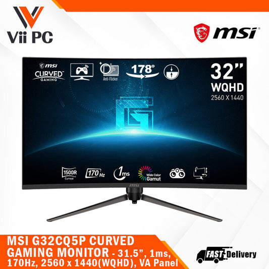 MSI G32CQ5P 31.5" Curved Gaming Monitor - 2560x1440(WQHD), VA, Curved 1500R, 170Hz, 1ms(MPRT), 4ms(GtG), AdaptiveSync, HDR Ready, Adjustable Stand, 2x HDMI 2.0b, DP 1.2a