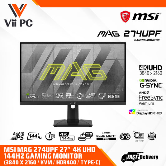 MSI MAG 274UPF 4K UHD 144HZ IPS Gaming Monitor - 1ms, HDMI 2.1, VESA DisplayHDR 400, G-SYNC AMD FREESYNC, Adjustable Stand