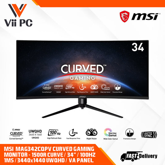 MSI MAG342CQPV Curved Gaming Monitor - 34" UWQHD (3440x1440), 1500R, VA Panel, 100hz, 1ms, Adaptive Sync, Adjustable, Frameless Design