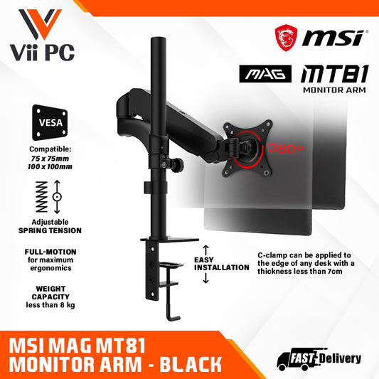 MSI MAG MT81 Monitor Arms - Vesa Compatible, Full Motion, Tension Adjustable with Cable Management (Black)