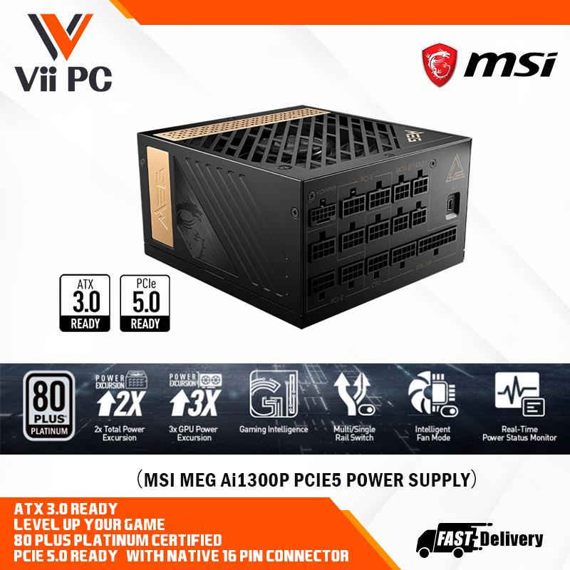 MSI MEG Ai1300P PCIE5 ATX3.0 80 Plus® Platinum 1300W Full Modular Active PFC Power Supply - Supports Nvidia® GeForce RTX™ 40 Series graphics cards