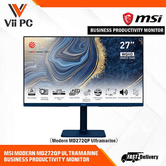 MSI Modern MD272QP Ultramarine Business Productivity Monitor - 27" WQHD (2560x1440), IPS, 75Hz, Eye Care, 4ms, HDMI, Displayport, USB C, Productivity Intelligence (P.I.), KVM, Type-C, Built-in Speakers, USB Hub