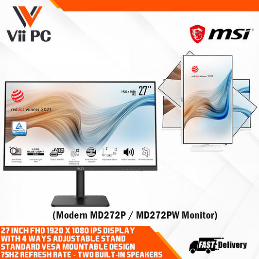 MSI Modern MD272 Series Business Productivity Monitor - 27"  FHD (1920x1080), IPS, 5ms, 75Hz, KVM, TUV Certified Eyesight Protection, HDMI, DisplayPort, Type-C 65W Power Delivery, Built-in Speakers