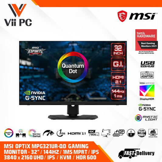 MSI Optix MPG321UR-QD Gaming Monitor - 32" 3840 x 2160 (UHD), 4K 144Hz, 1ms(MPRT), IPS, DisplayPort HDMI 2.1, NVIDIA G-Sync Compatible, Quantum Dot, HDR 600, KVM 3.0