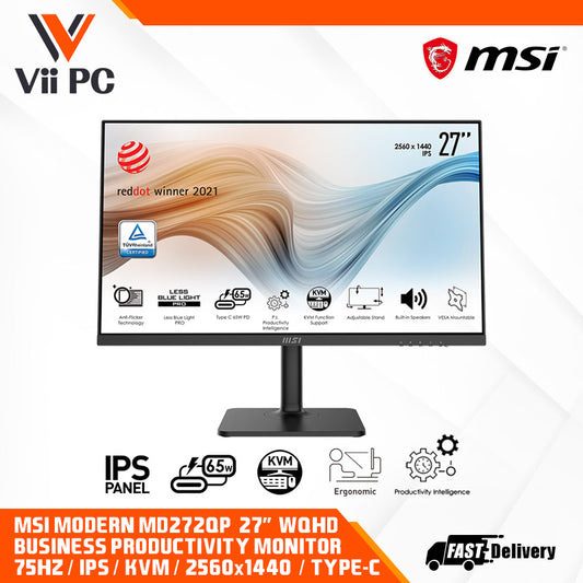 MSI Modern MD272QP Business Productivity Monitor - 27" WQHD (2560x1440), 75HZ, 4ms, IPS, Adjustable Stand, Productivity Intelligence (P.I.), KVM Switch Design, Type-C Connection