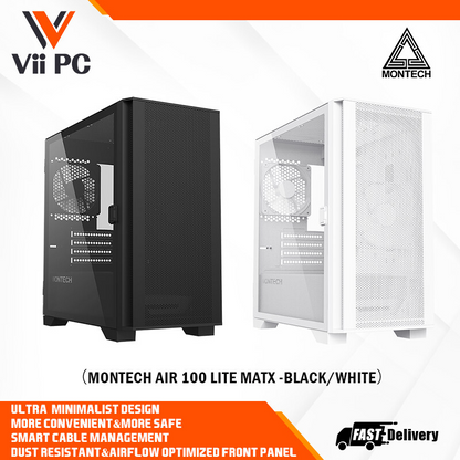 Montech AIR 100 LITE Micro-ATX Case - 2 Silent Fans, Fine Mesh Front Panel Design, Side Swivel Tempered Glass Side Panel (Black/White)