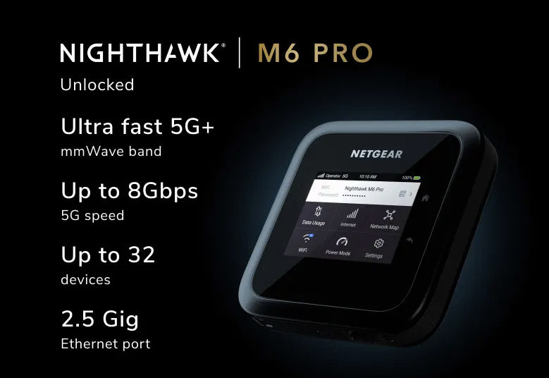 NETGEAR Nighthawk M6 Pro 5G mmWave WiFi 6E Mobile Hotspot Router (MR6550) - Powered by the Qualcomm Snapdragon X65 5G Modem-RF System, Up to 8Gbps, 2.8" color LCD touch screen, Coverage up to 2,000 sq. ft.