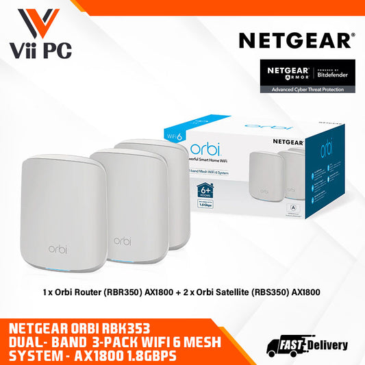 NETGEAR Orbi RBK353 Dual Band 3-Pack WiFi-6 Mesh System - AX1800 1.8Gbps WiFi Mesh System (1 Router & 2 Satellites)