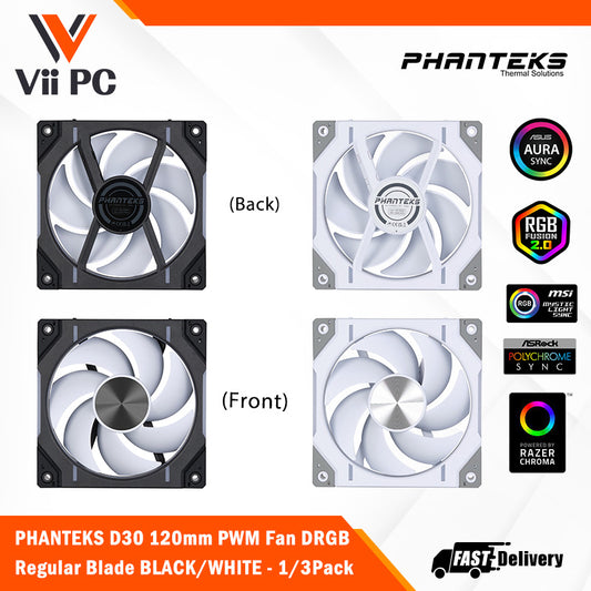 PHANTEKS D30 120mm PWM Fan, DRGB, Regular Blade, 1Pack/3Packs BLACK/WHITE