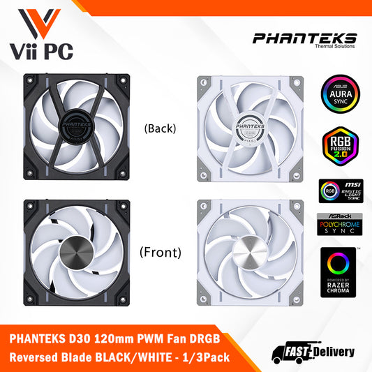 PHANTEKS D30 120mm PWM Fan, DRGB, Reversed Blade, 1Fan/3Fans BLACK/WHITE