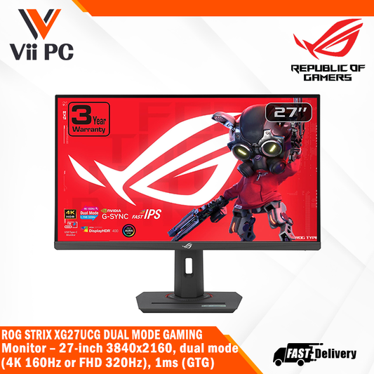 ASUS ROG Strix XG27UCG Dual mode Gaming Monitor – 27" (3840x2160), dual mode (4K 160Hz or FHD 320Hz), 1ms (GTG), Fast IPS, Extreme Low Motion Blur Sync, USB Type-C, G-Sync compatible, DisplayWidget Center, tripod socket, HDR, Aura Sync